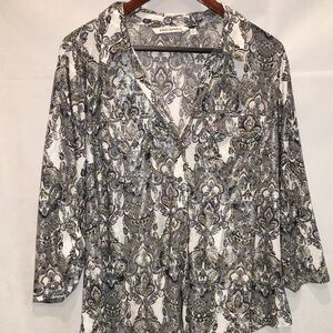 Emily Daniels 3/4 Sleeve Button Down Blouse | Foiled Medallion Scroll | XL